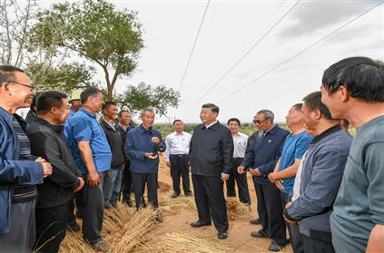 8月19日至22日，中共中央总书记、国家主席、中央军委主席习近平在甘肃考察。这是21日上午，习近平在武威市古浪县八步沙林场实地了解“草方格压沙”作业。